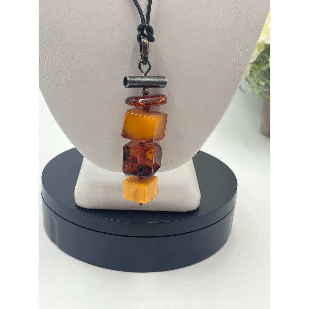 Sterling Silver Vintage Cube Modernist Triple Amber Pendant Black Chord Necklace - Picture 2 of 16
